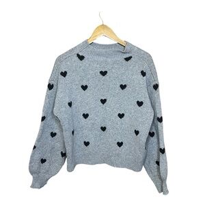 SHEIN Gray Heart Pattern Sweater S Black Oversized Knit Loose Fit Crewneck